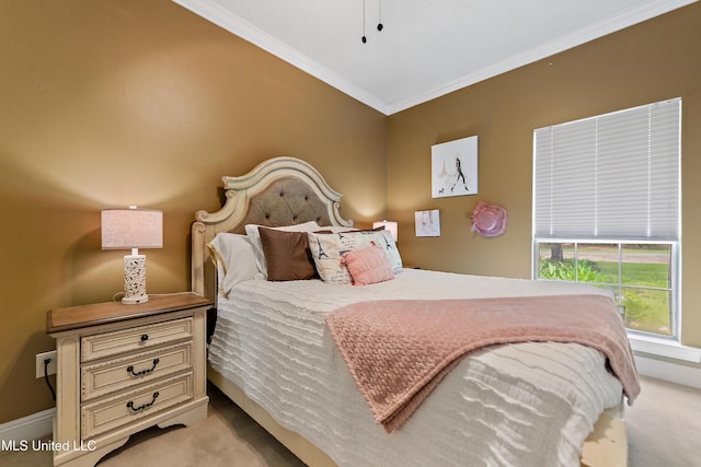 carpeted bedroom featuring crown molding