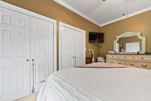 bedroom with two closets and crown molding