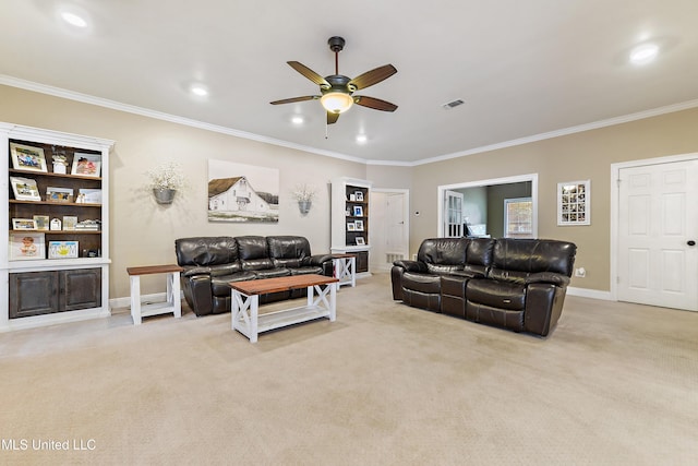 living area with a ceiling fan, light carpet, ornamental molding, visible vents, and recessed lighting