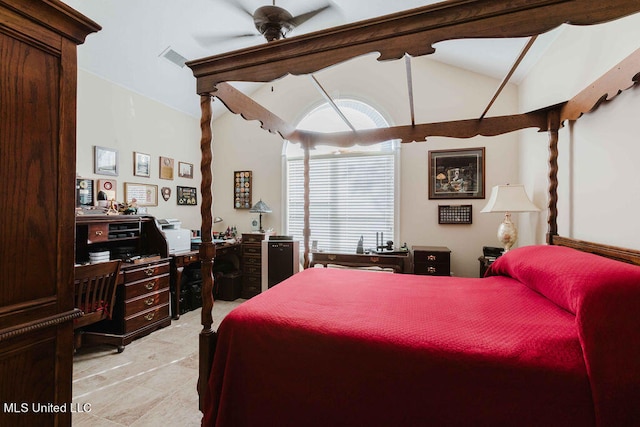 bedroom featuring lofted ceiling and ceiling fan