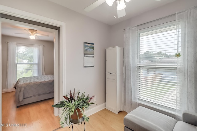 bedroom featuring light wood-type flooring and ceiling fan