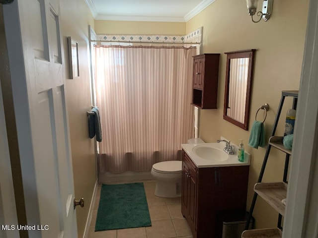 bathroom featuring crown molding, shower / tub combo, toilet, vanity, and tile patterned flooring