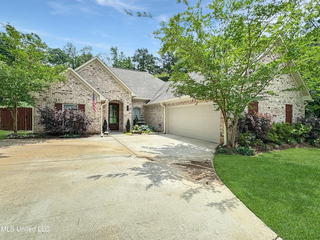french country inspired facade featuring brick siding, an attached garage, concrete driveway, and a shingled roof
