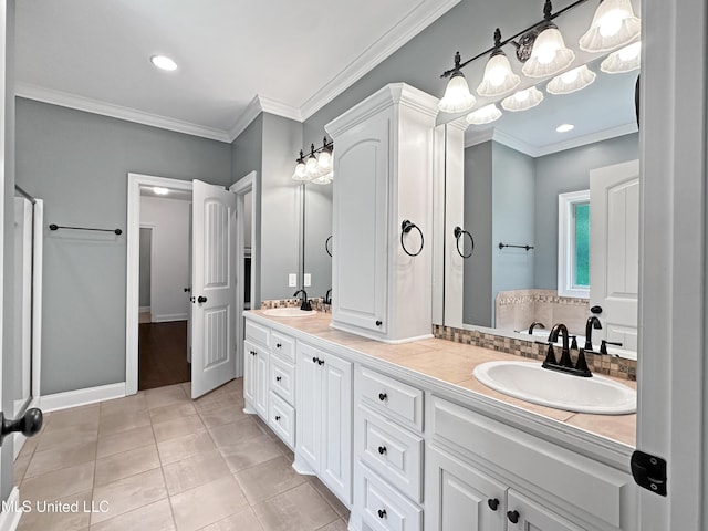 full bathroom with crown molding, double vanity, and tile patterned flooring