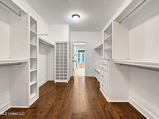 spacious closet with dark wood-style flooring