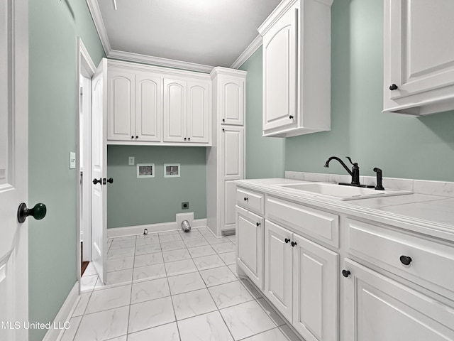 washroom with washer hookup, electric dryer hookup, light marble finish flooring, cabinet space, and baseboards