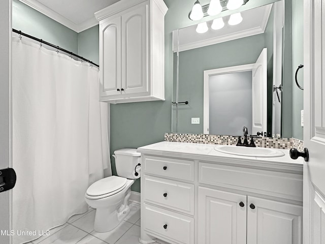 full bath featuring ornamental molding, vanity, toilet, and curtained shower