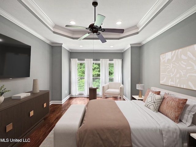 103 Saint Charles Ave, Florence, MS 39073 - bedroom with a raised ceiling, dark wood-type flooring, baseboards, recessed lighting, and a ceiling fan