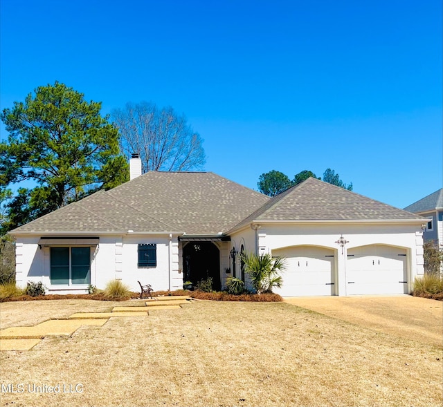 ranch-style home with a shingled roof, a garage, driveway, and a chimney