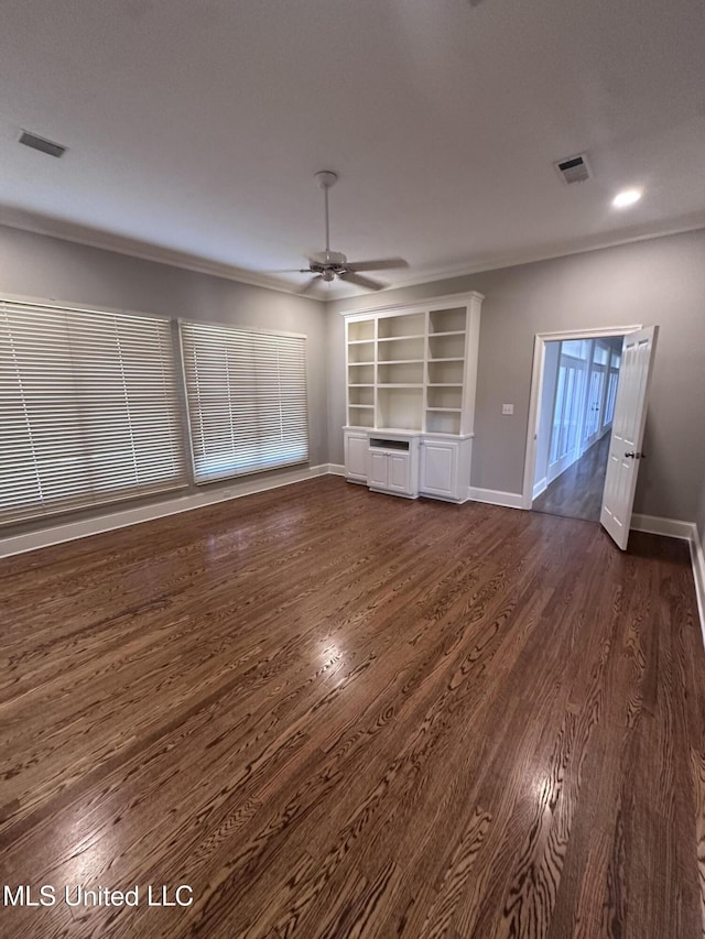 unfurnished living room featuring visible vents, ceiling fan, baseboards, and dark wood-style flooring