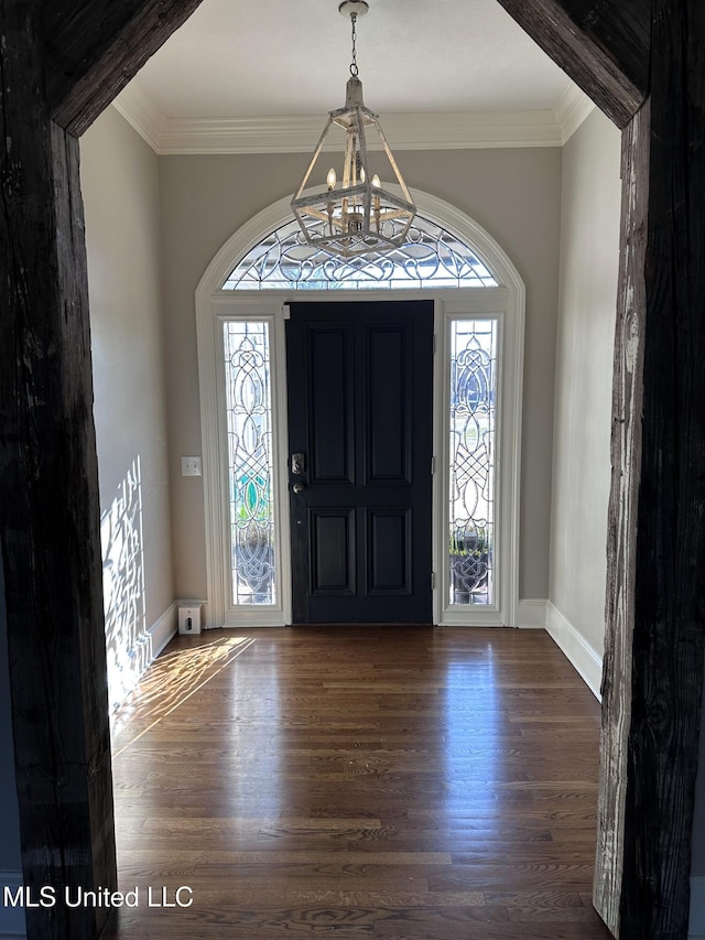 entrance foyer with wood finished floors, baseboards, and ornamental molding