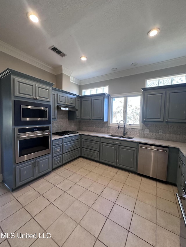 kitchen featuring a sink, gray cabinetry, visible vents, and stainless steel appliances