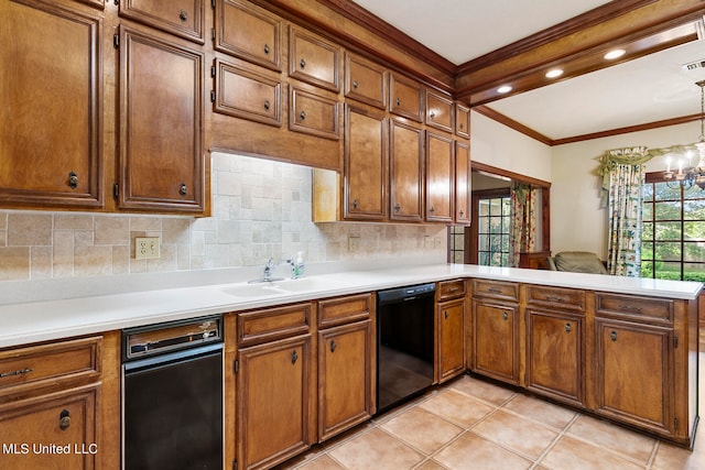 kitchen featuring black dishwasher, kitchen peninsula, sink, a notable chandelier, and light tile patterned floors