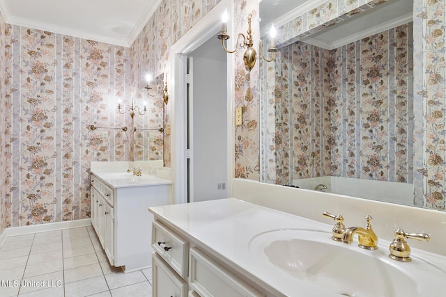 bathroom with vanity, crown molding, and tile patterned floors