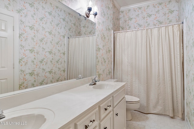 bathroom with toilet, tile patterned flooring, ornamental molding, curtained shower, and vanity