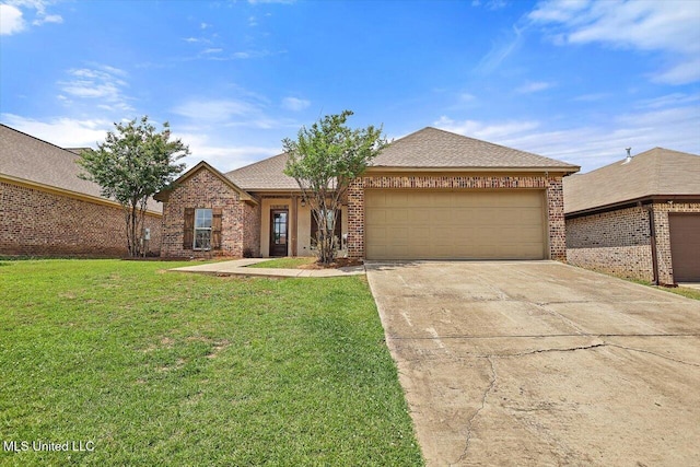 218 Greenfield Ridge Dr, Brandon, MS 39042 - ranch-style home with brick siding, an attached garage, concrete driveway, and a front lawn