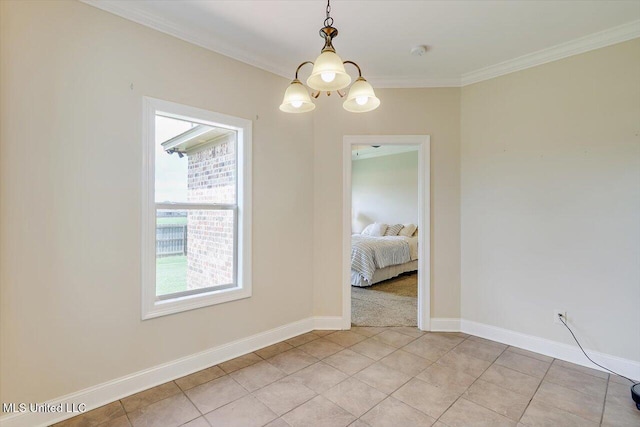 218 Greenfield Ridge Dr, Brandon, MS 39042 - empty room with a chandelier, crown molding, baseboards, light tile patterned floors, and a smoke detector