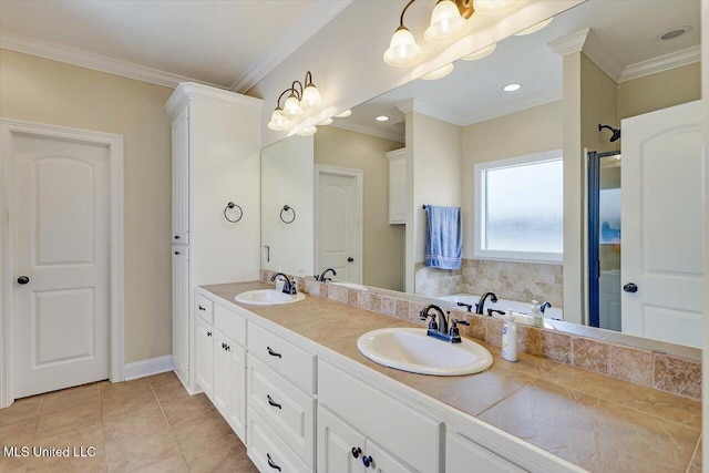 218 Greenfield Ridge Dr, Brandon, MS 39042 - full bathroom featuring double vanity, tile patterned flooring, ornamental molding, and a tub