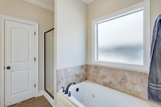 218 Greenfield Ridge Dr, Brandon, MS 39042 - full bath featuring a stall shower, a whirlpool tub, and ornamental molding
