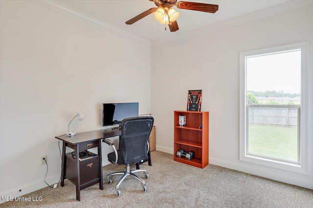 218 Greenfield Ridge Dr, Brandon, MS 39042 - carpeted office featuring ceiling fan, crown molding, and baseboards