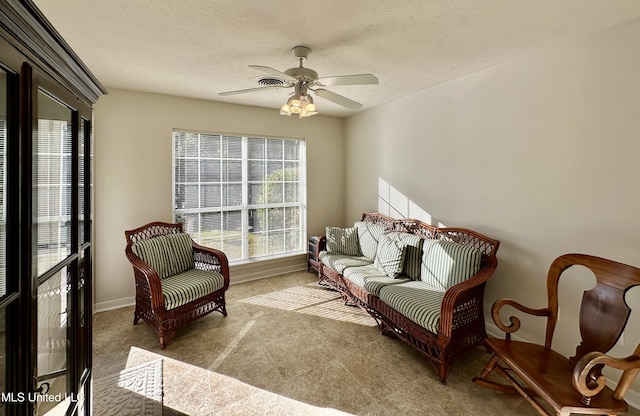 living area featuring ceiling fan, a textured ceiling, and carpet