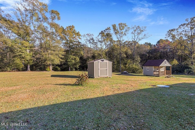 view of yard featuring a storage unit