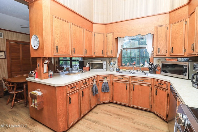 2548 Furrs Mill Dr, Wesson, MS 39191 - kitchen with light wood finished floors, stainless steel appliances, a sink, light countertops, and wallpapered walls