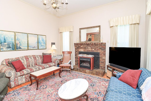 2548 Furrs Mill Dr, Wesson, MS 39191 - living room with wood finished floors, a chandelier, crown molding, healthy amount of natural light, and a fireplace