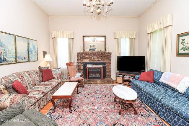 2548 Furrs Mill Dr, Wesson, MS 39191 - living room featuring healthy amount of natural light, a chandelier, ornamental molding, and a brick fireplace