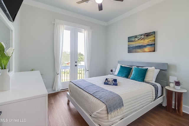 bedroom with french doors, ceiling fan, access to exterior, and dark wood-type flooring