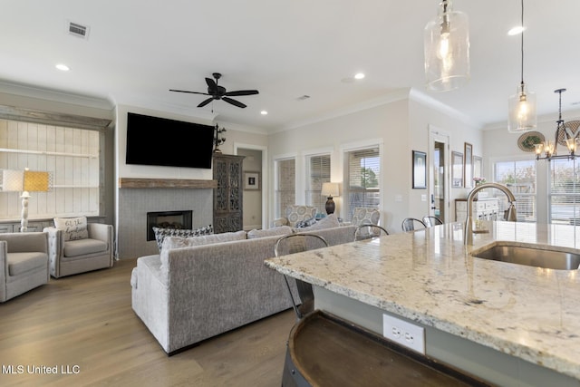 living room with wood-type flooring, ceiling fan with notable chandelier, crown molding, and sink