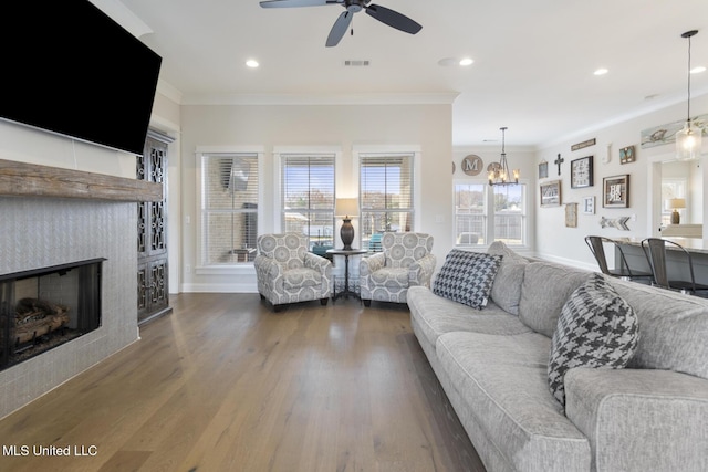 living room with a fireplace, dark hardwood / wood-style flooring, ceiling fan with notable chandelier, and ornamental molding