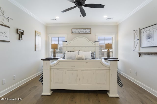 bedroom with ceiling fan, dark hardwood / wood-style flooring, and crown molding