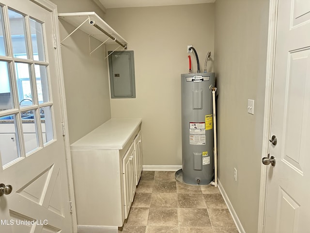 laundry room featuring electric panel and water heater