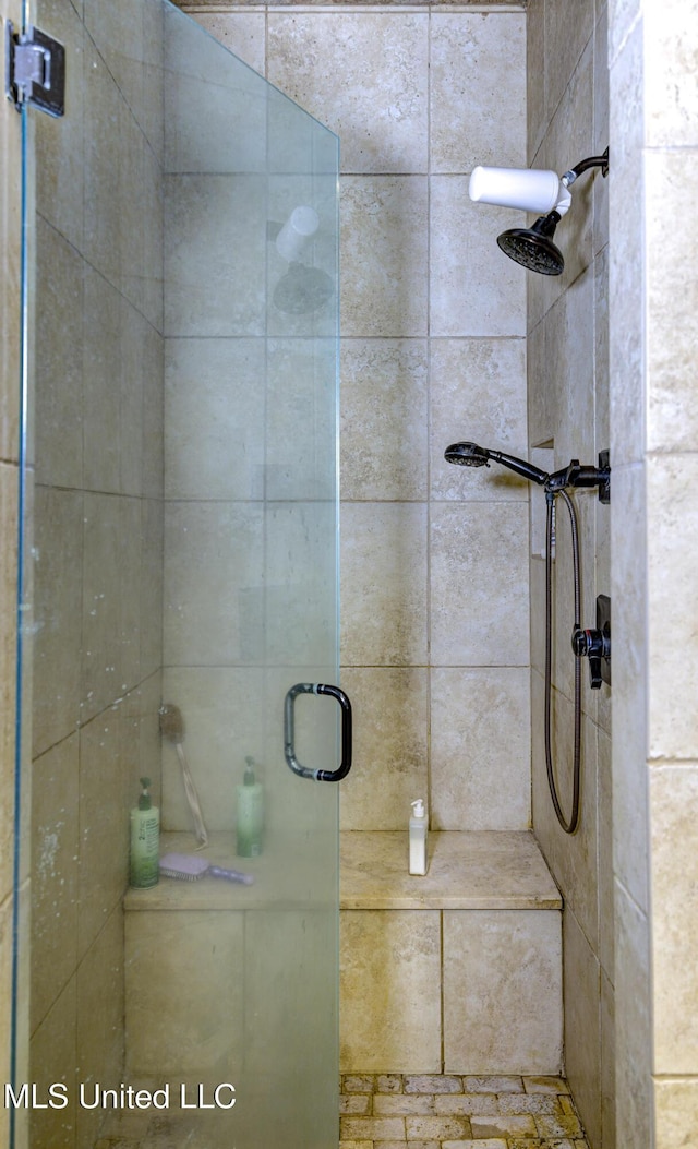 bathroom featuring a shower with door