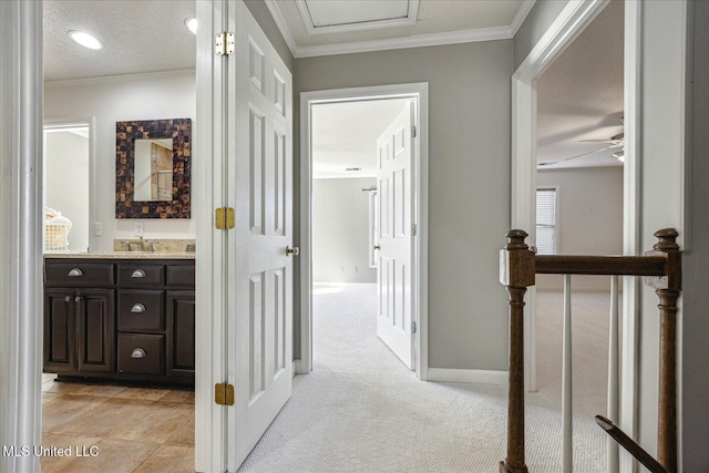 hall with sink, light colored carpet, a textured ceiling, and ornamental molding