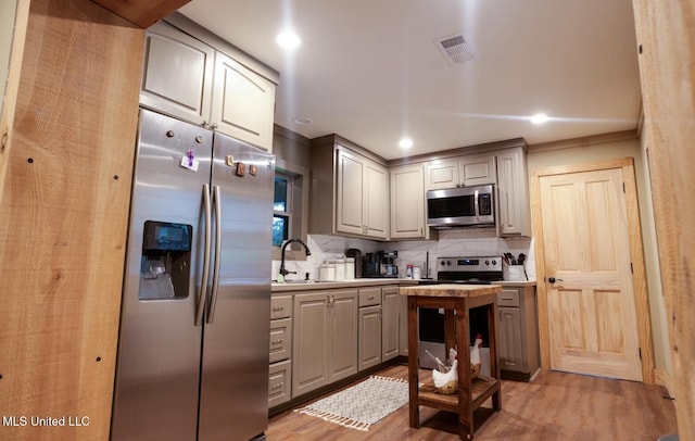 kitchen with gray cabinets, sink, decorative backsplash, light hardwood / wood-style floors, and stainless steel appliances