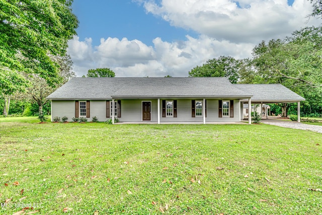 5887 Scotland Rd, Bentonia, MS 39040 - ranch-style home with driveway, a carport, a front yard, a porch, and roof with shingles