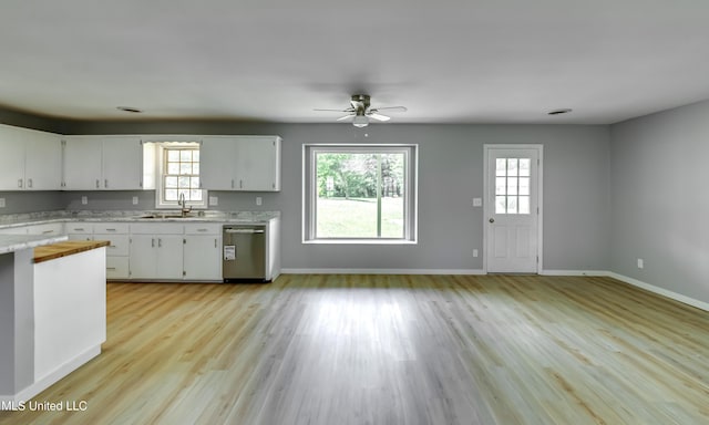 5887 Scotland Rd, Bentonia, MS 39040 - kitchen featuring stainless steel dishwasher, a sink, a ceiling fan, and healthy amount of natural light