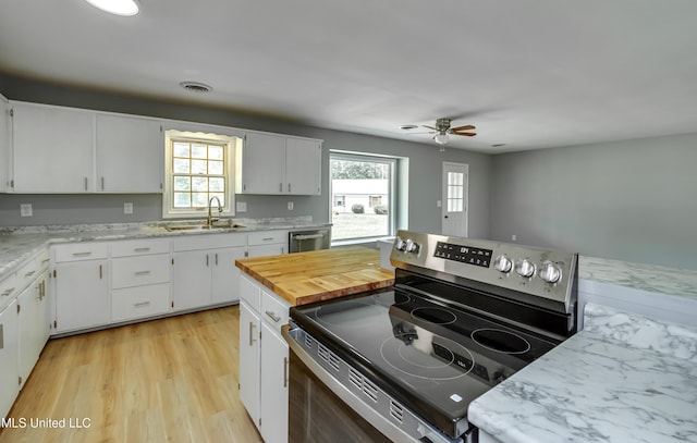 5887 Scotland Rd, Bentonia, MS 39040 - kitchen with appliances with stainless steel finishes, a sink, a ceiling fan, and white cabinets