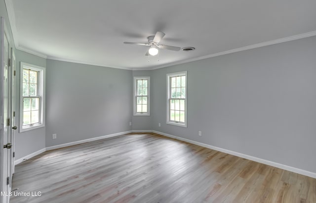 5887 Scotland Rd, Bentonia, MS 39040 - empty room featuring ornamental molding, a ceiling fan, light wood-style flooring, and baseboards