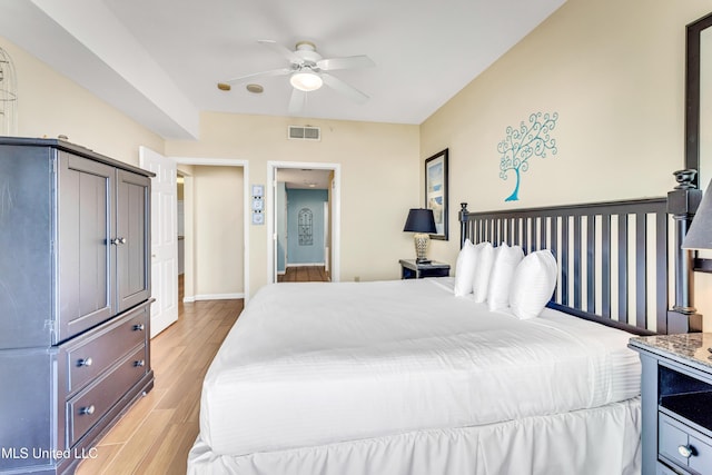 bedroom featuring ceiling fan and light hardwood / wood-style floors