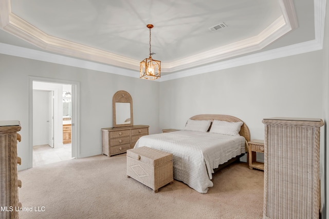 7528 Crooked Stick Dr, Diamondhead, MS 39525 - bedroom with a raised ceiling, crown molding, light carpet, and a chandelier