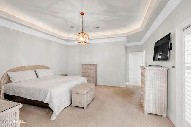 7528 Crooked Stick Dr, Diamondhead, MS 39525 - bedroom featuring a raised ceiling, crown molding, light carpet, and a chandelier