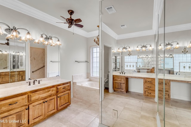 7528 Crooked Stick Dr, Diamondhead, MS 39525 - full bathroom featuring ceiling fan, a bath, vanity, ornamental molding, and a chandelier