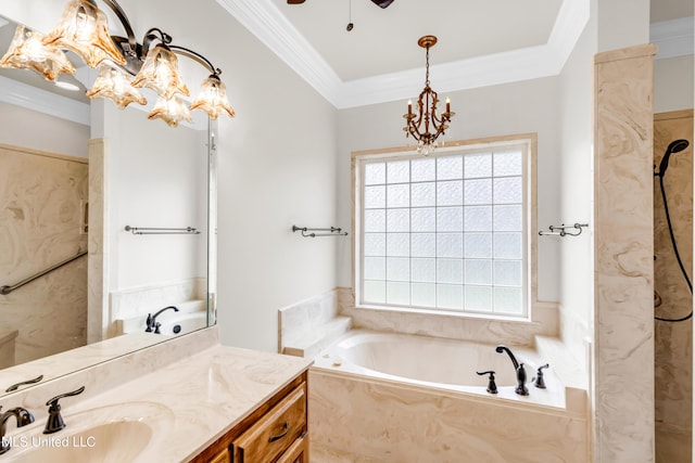 7528 Crooked Stick Dr, Diamondhead, MS 39525 - full bath with vanity, a garden tub, ornamental molding, ceiling fan, and a chandelier