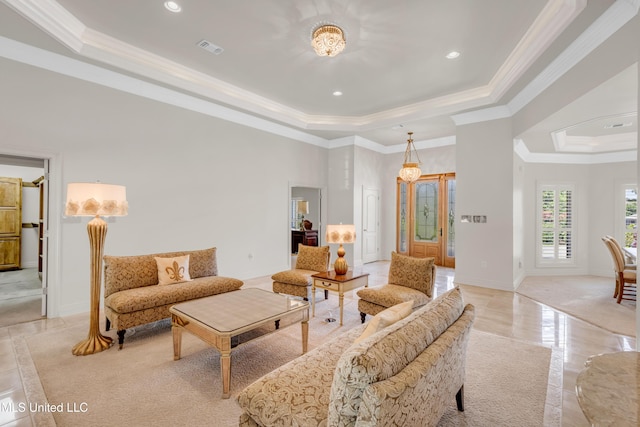 7528 Crooked Stick Dr, Diamondhead, MS 39525 - living room with a raised ceiling, ornamental molding, recessed lighting, light marble finish flooring, and a towering ceiling