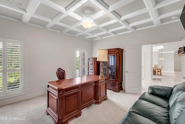 7528 Crooked Stick Dr, Diamondhead, MS 39525 - office featuring coffered ceiling, plenty of natural light, ceiling fan, light colored carpet, and beam ceiling