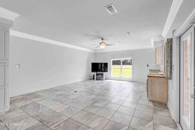 7528 Crooked Stick Dr, Diamondhead, MS 39525 - unfurnished living room with crown molding and ceiling fan