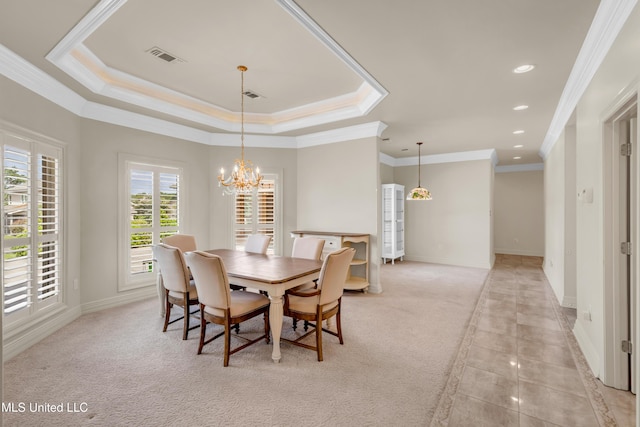 7528 Crooked Stick Dr, Diamondhead, MS 39525 - dining space featuring a chandelier, a tray ceiling, crown molding, recessed lighting, and light colored carpet